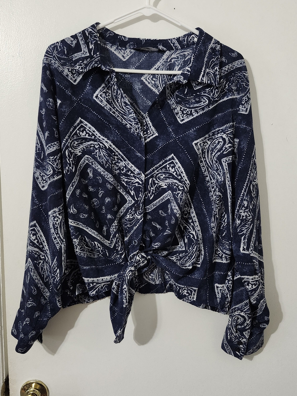 Vera Wang Navy and White Bandana Tie-Front Button-Down Shirt